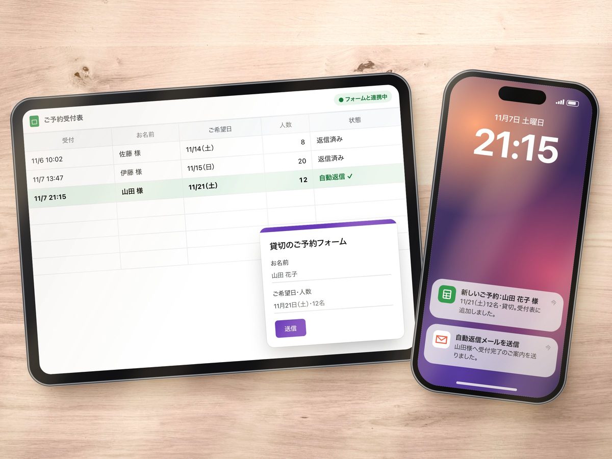 予約フォームの回答が表に追加され、スマホに通知が届く様子